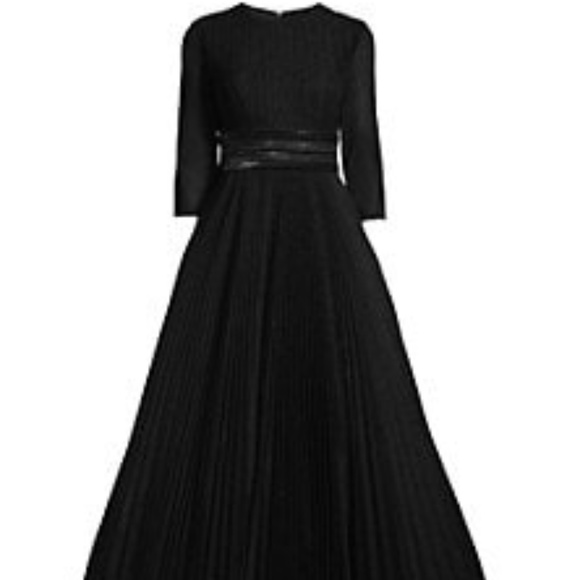 Black Mac Duggal full-length shimmer gown with belt detailing
